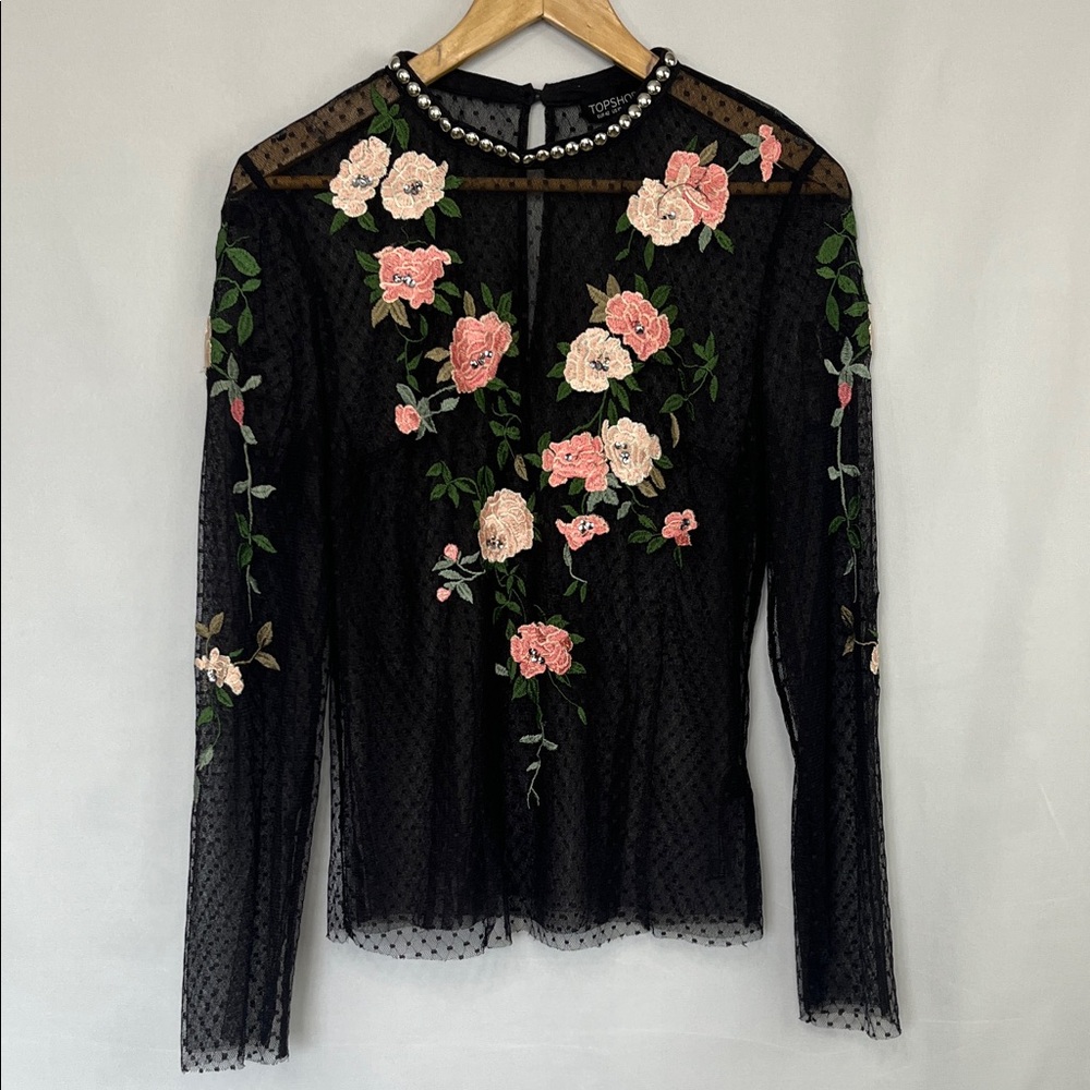 Topshop Floral Embroidered Black Lace Top with Beaded Neckline - Size 10
